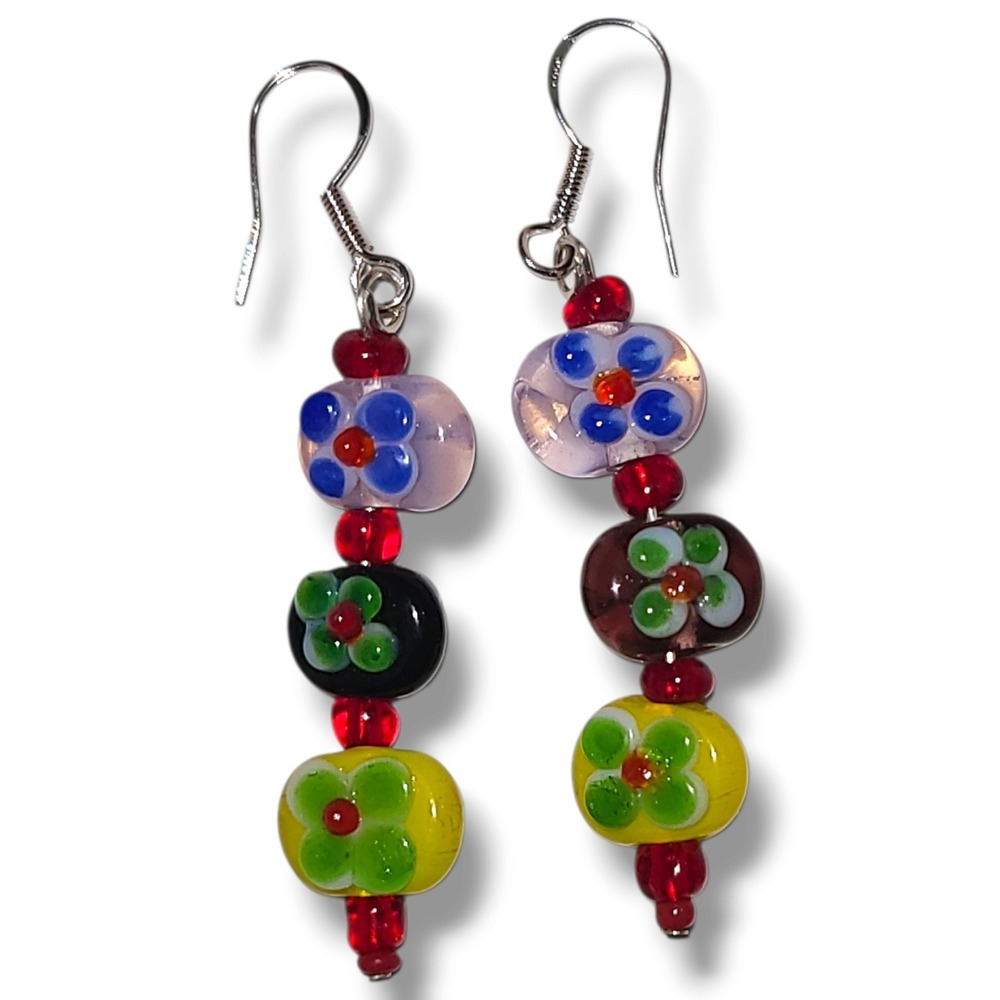 Handmade Lampwork Glass Flower Bead Earrings 925 Sterling Silver Hooks Colorful